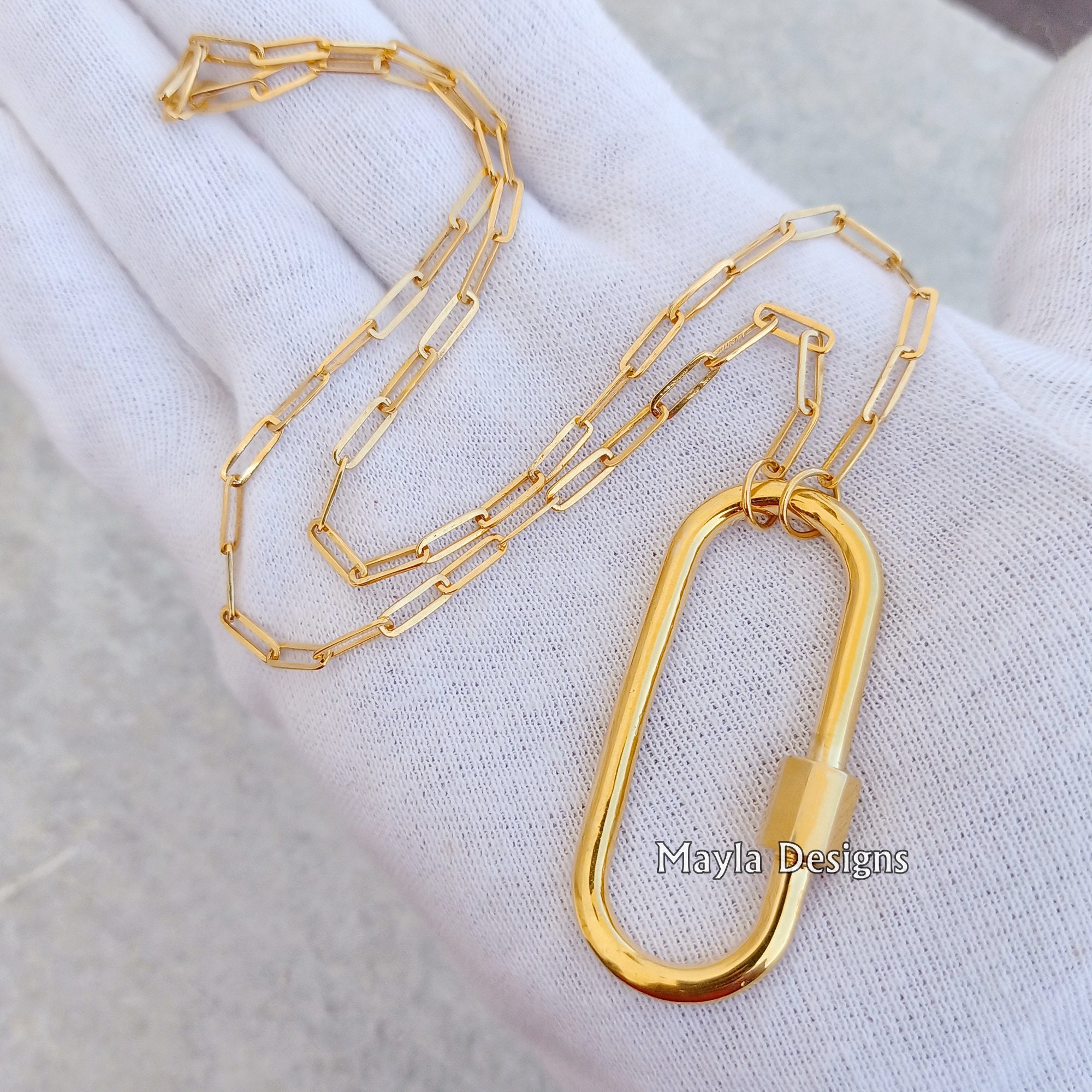 50MM carabiner lock Necklace, 14k yellow gold plated oval lock, handmade plain carabiner necklace, 925 silver carabiner lock jewelry