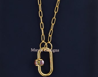 14k Gold Vermeil Carabiner Lock Necklace, Multi Baguette Gemstone Screw Lock