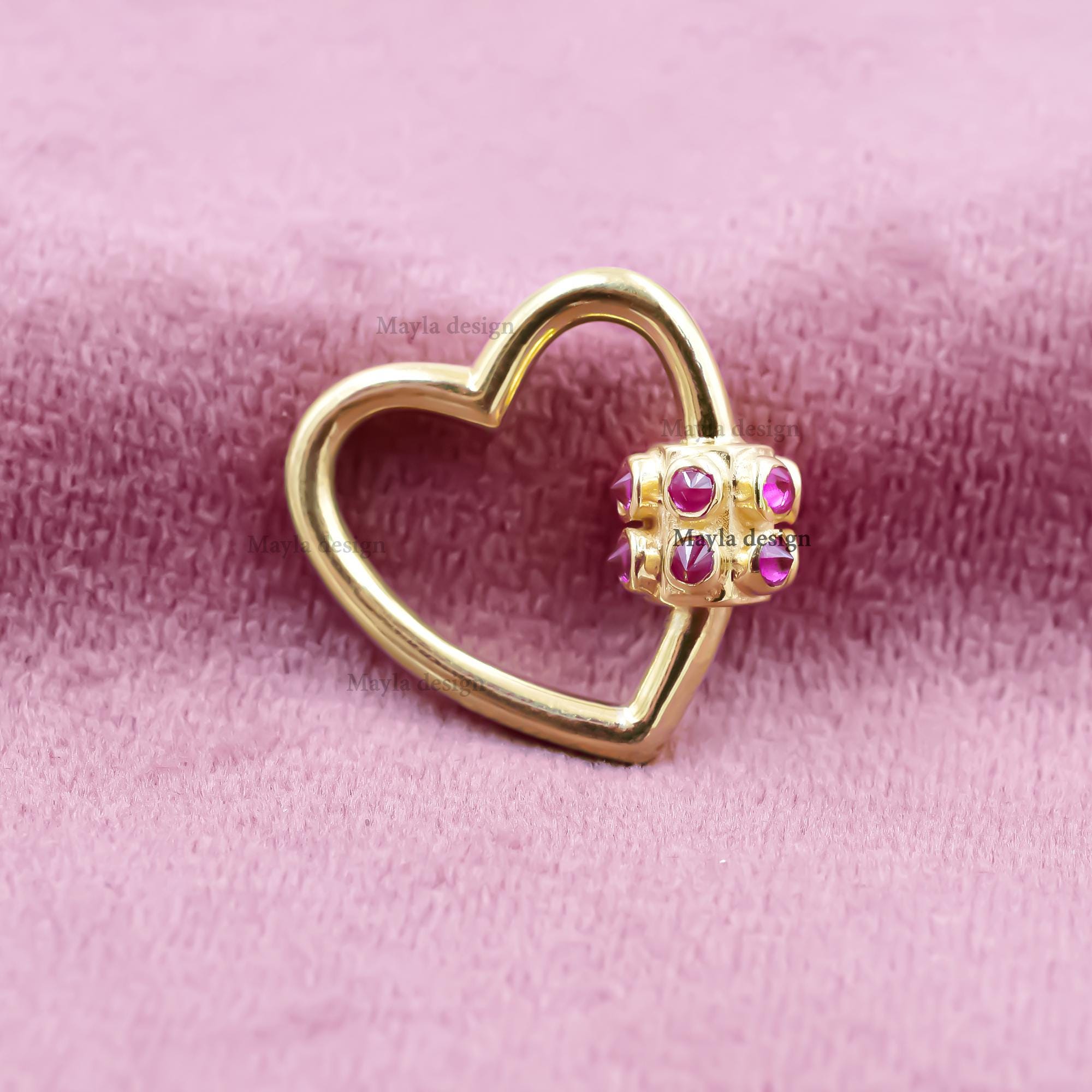 Pink Cubic Zirconia Heart Carabiner, 14K Yellow Gold Plated