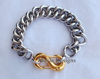 Designer Curb Chain Bracelet, Solid 925 Silver Link Bracelet, S Push Lock Bracelet, Gold Vermeil Lock, Women Heavy Bracelet Jewelry