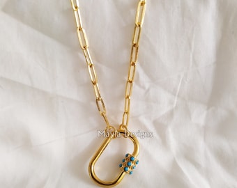 Turquoise Carabiner Lock Necklace, 14k Yellow Gold Plated, Handmade
