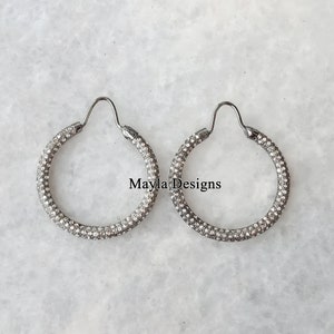 925 Silver Hoop Earring, Woman Pave  Diamond Hoop Earring, Handmade Silver Hoop Earring Jewelry