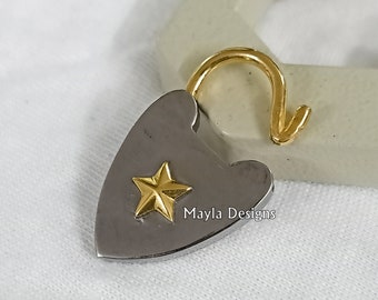 Sterling Silver Heart Padlock, Vintage Star Lock, Grey & Yellow Gold Finish