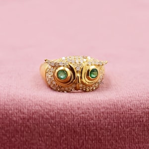 925 Silver Owl Ring, 14k Yellow Gold Plated Diamond Owl Ring, Emerald Eye Owl Ring, Women's Diamond Owl Ring, Designer Owl Ring Jewelry