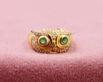 絶妙なデザイン 925 Silver Owl Ring, 14k Yellow Gold Plated Diamond Owl Ring アクセサリー