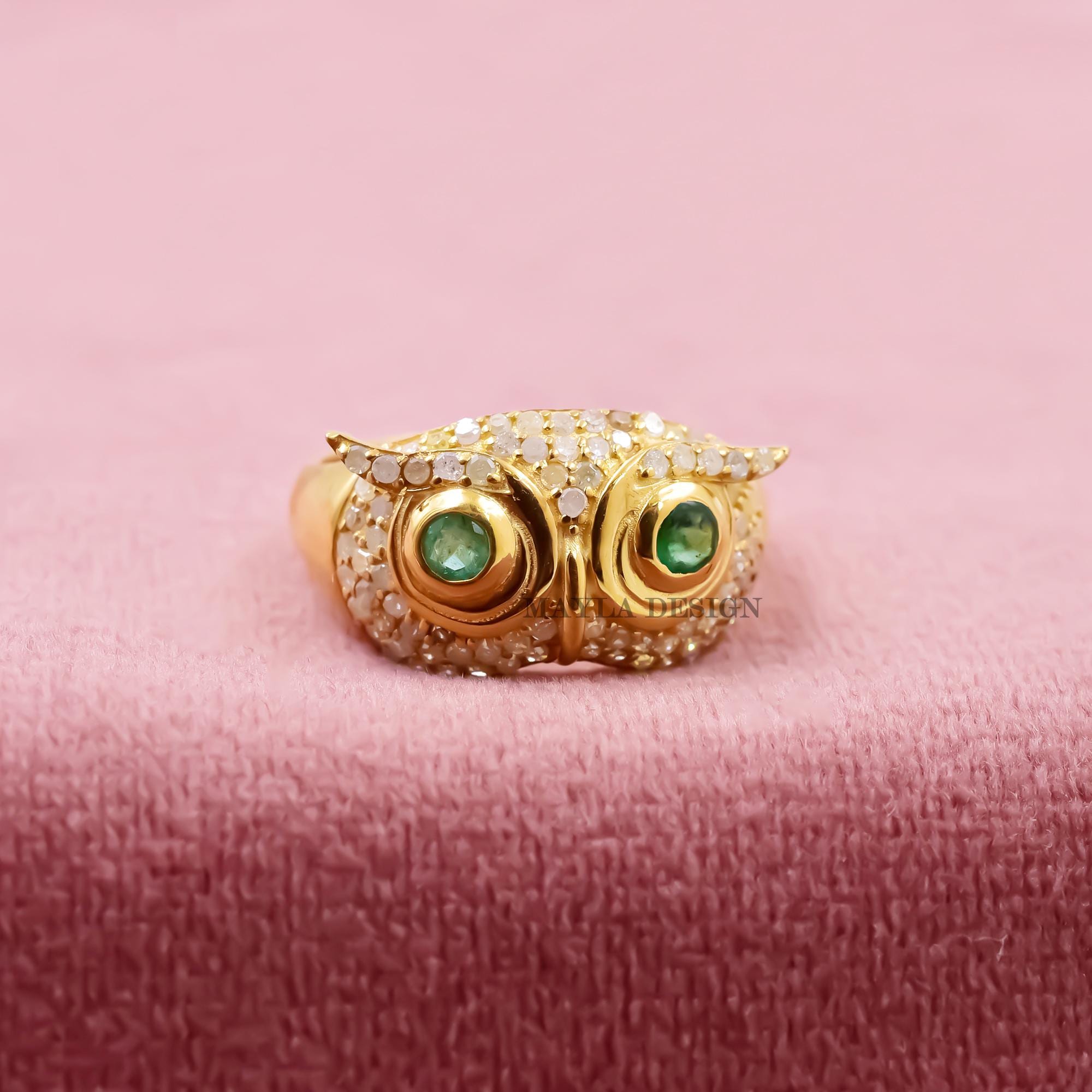 Emerald Eye Owl Ring, 14k Gold Plated 925 Silver, Diamond Accents
