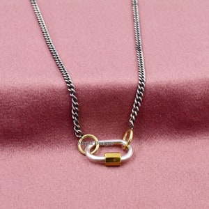 Oxidized 925 Silver Chain Lock, Plain Carabiner Lock Necklace, Curb Oxidized Chain, Handmade Grey Oxidized Chain, Carabiner Necklace Chain