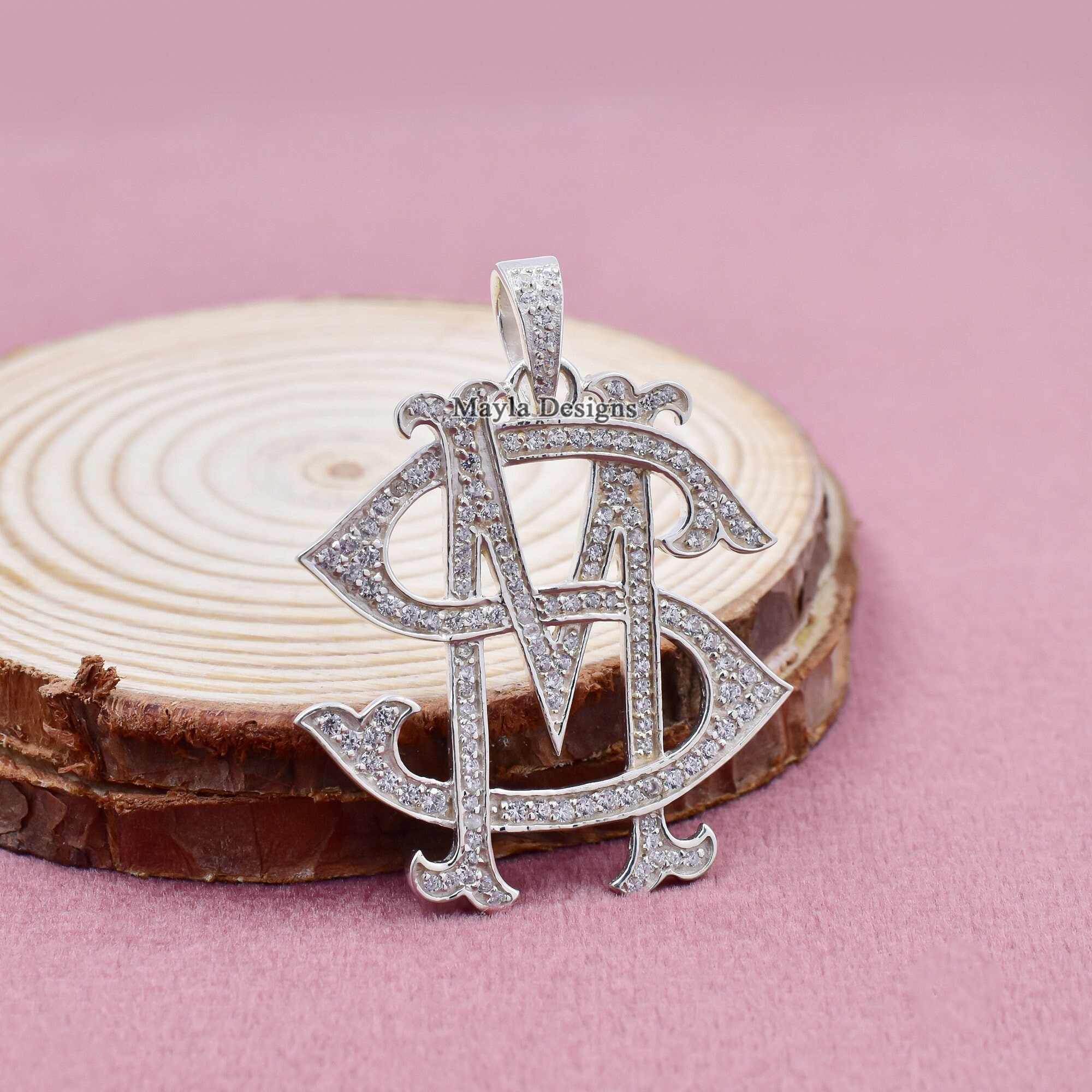 Cubic Zirconia SM Monogram Pendant, 925 Sterling Silver Initial