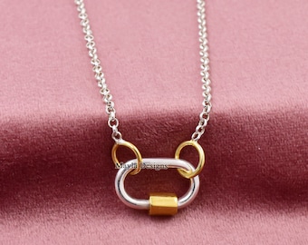 Handmade Sterling Silver Carabiner Lock Necklace, Gold Accent