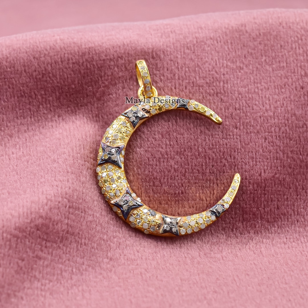 Crescent Moon Star Pendant, Pave Diamond Crescent Pendant, 925 Silver ...