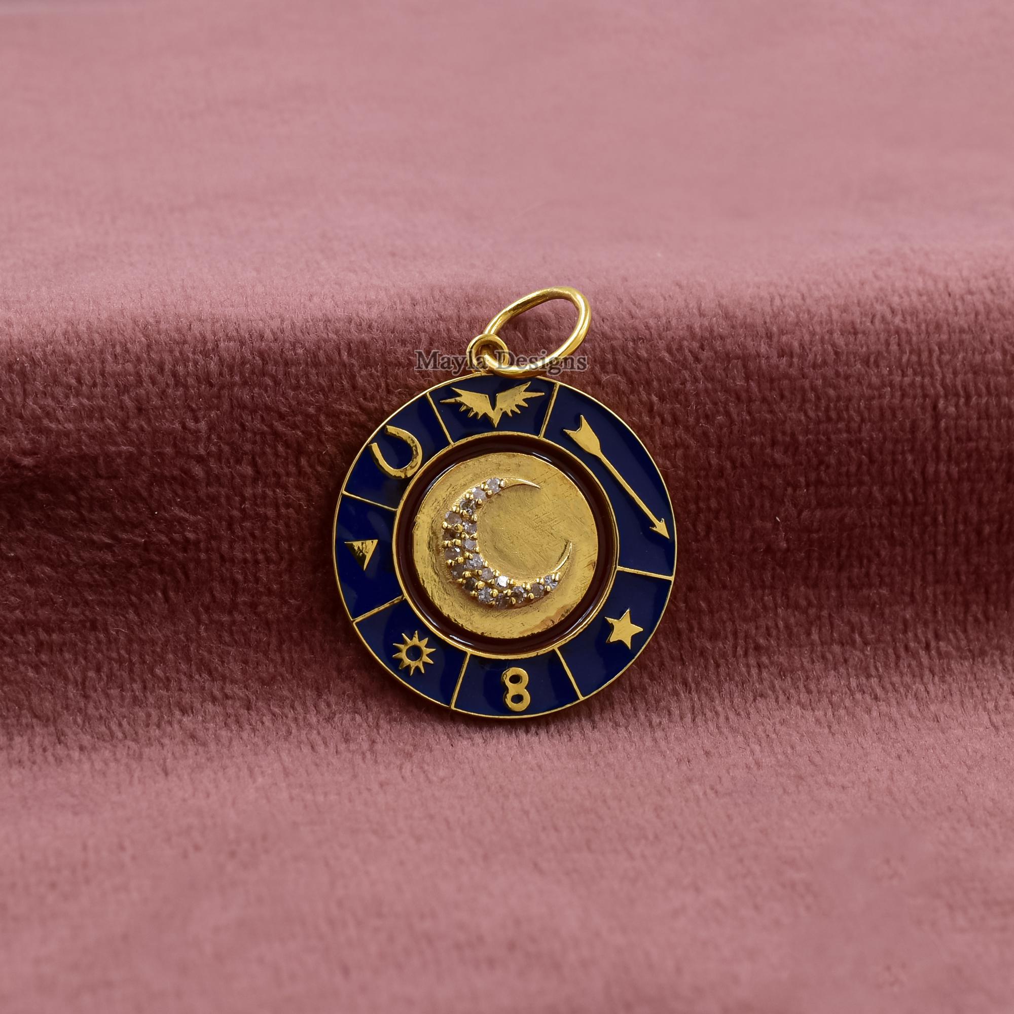 14K Yellow Gold Enamel Moon Pendant, Pave Diamond Crescent