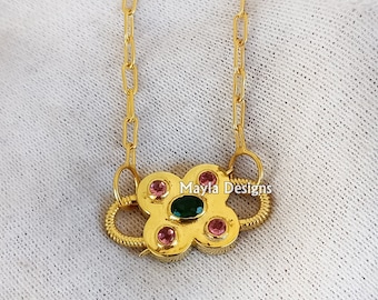 Handmade Gold Vermeil Padlock Necklace, Green & Pink Onyx, 16 Inch