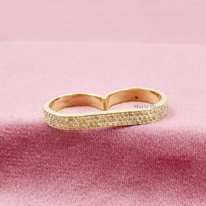 Diamond Two Finger Band Ring, Silver Diamond Band Rings,  14K Yellow Gold Plated Band Ring, Handmade Silver Diamond Band Rings