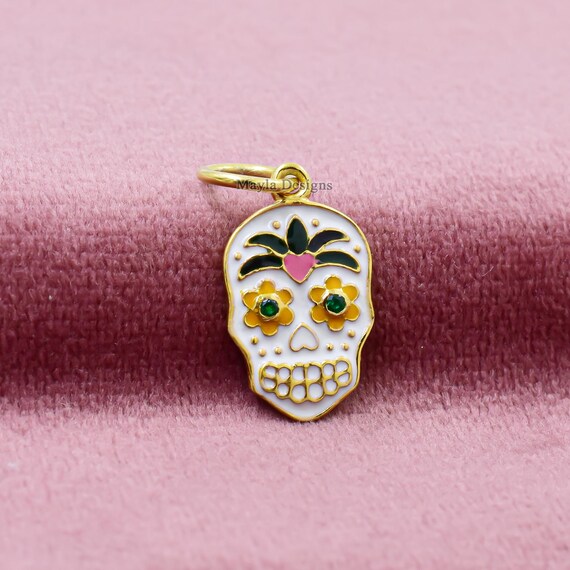 925 Yellow Gold Silver Skull Pendant, Green Cubic Zirconia Skull