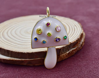 Enamel Mushroom Pendant, Multi-Cubic Zirconia, 925 Sterling Silver