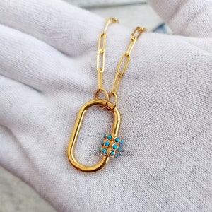Turquoise carabiner necklace, 925 silver gold plated turquoise necklace, large carabiner lock, handmade oval carabiner lock jewelry supplier