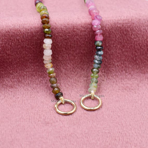 14K Yellow Gold Plated Handmade Multi-Color Tourmaline Beads Necklace,  16 Inches