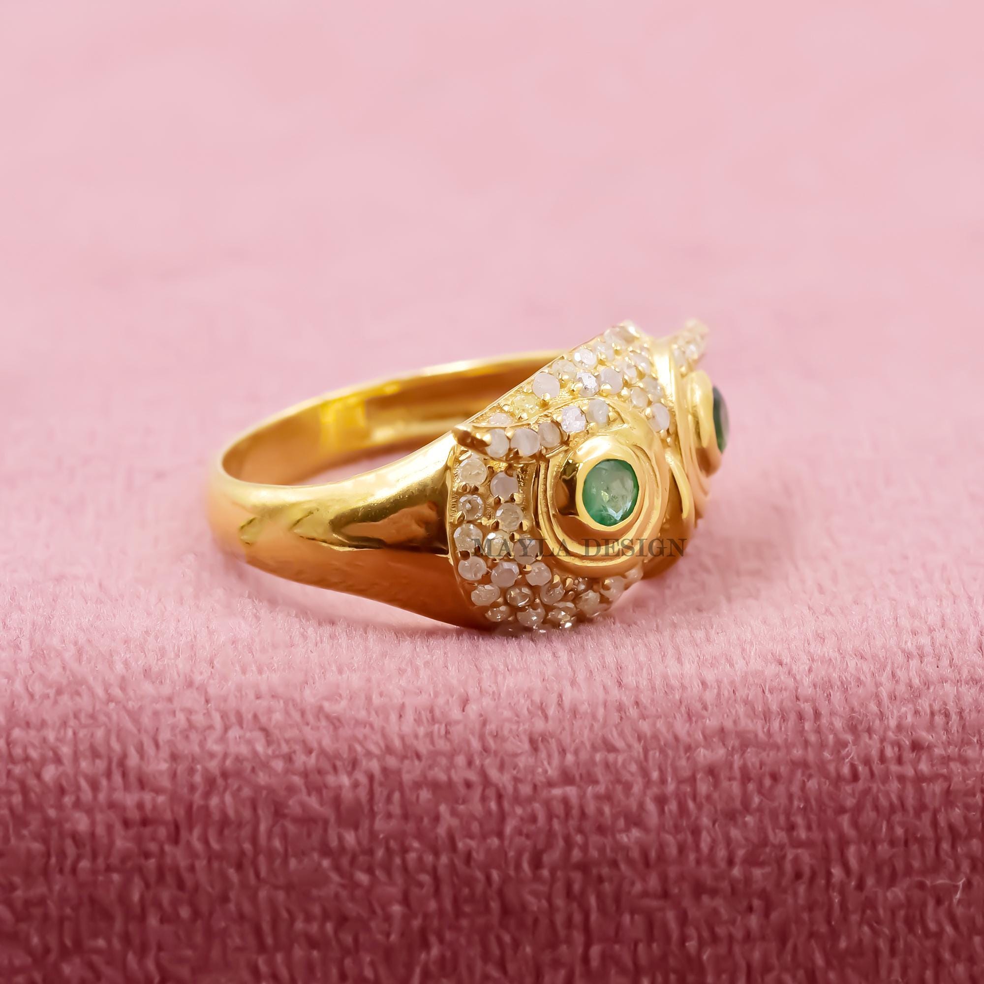 925 Silver Owl Ring, 14k Yellow Gold Plated Diamond Owl Ring