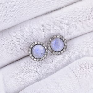 925 Silver Diamond Stud Earrings, Rainbow Moonstone Earring, Woman Gemstone Stud Earring, Tiny Earring Jewelry