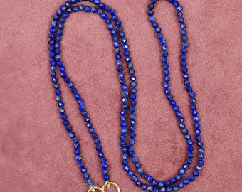14K Yellow Gold Lapis Bead Necklace, Handmade 16 Inches