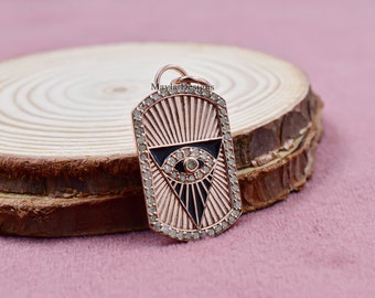 14K Rose Gold Evil Eye Pendant, Single Cut Diamond Pendant, Enamel Pendant, Woman Designer Handmade Pendant, Gift For Her Pendant Jewelry