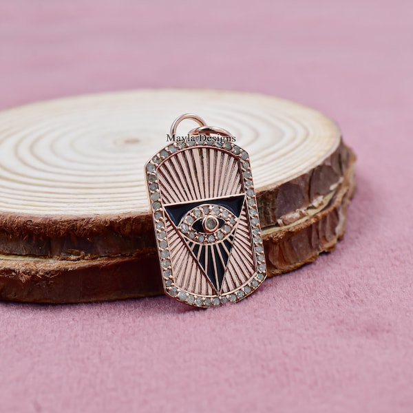 14K Rose Gold Enamel Evil Eye Pendant, Single Cut Diamond