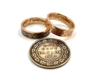 Coin ring made from a real copper Canadian 1910-1920 1 large cent (one penny)