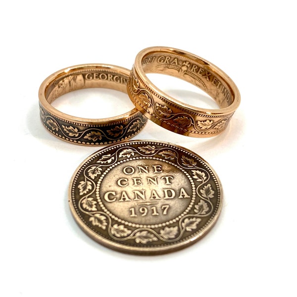 Coin ring made from a real copper Canadian 1910-1920 1 large cent (one penny)