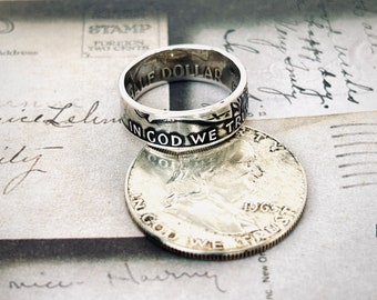 Silver USA Coin Ring - 50 cent / half dollar ring made from a 1948-/1963 Franklin half dollar - great for gifts, wedding band, anniversary