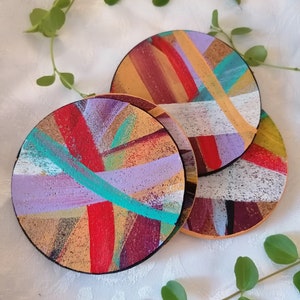 Set of 4 cork coasters, hand painted Rainbow image 1