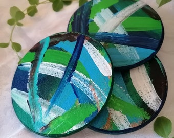 Set of 4 cork coasters, hand painted "Between sky and sea"