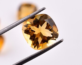 Natural Citrine Cushion Gemstone, Faceted Cut Yellow Crystal for Jewelry Making (12X12mm)