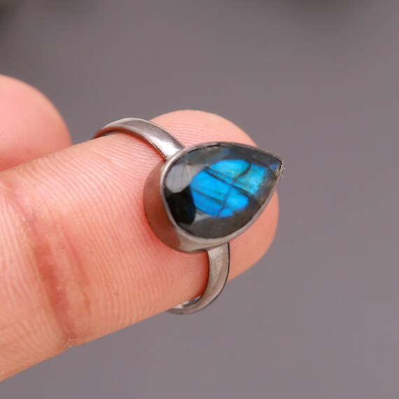 Labradorite Pear Ring, Black Oxidized Sterling Silver, Healing