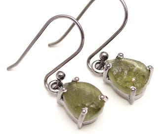 Czech Moldavite Pear Dangle Earrings, Black Oxidized Sterling Silver, Bohemian Jewelry