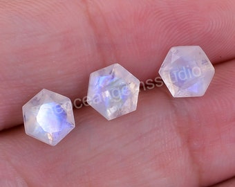 Natural Rainbow Moonstone Hexagon Gemstone, Faceted Blue Loose Stone (6X6 mm)