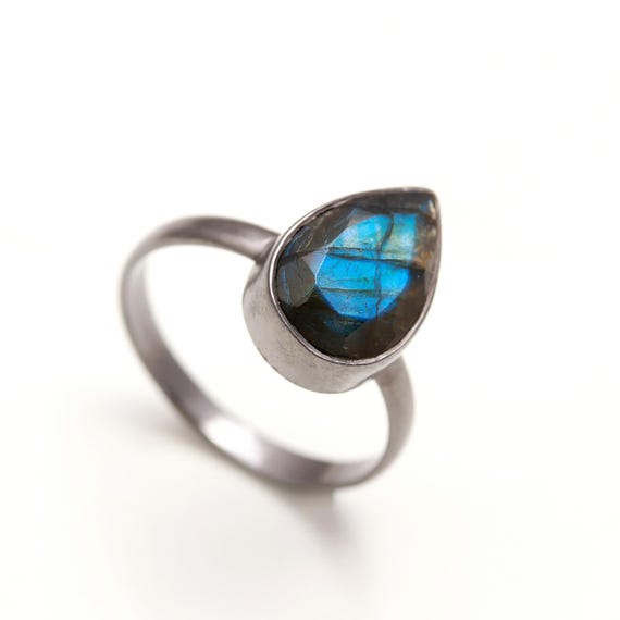 Labradorite Pear Ring, Black Oxidized Sterling Silver, Healing