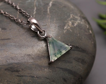 Natural Moss Agate Triangle Pendant, Black Oxidized Sterling Silver, Boho Vintage Jewelry
