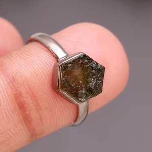 Czech Republic Moldavite Hexagon Ring, 925 Sterling Silver Black Oxidized Jewelry, Meteorite Moldavite Ring, Engagement Ring, Birthday Gift