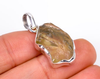 Natural Libyan Desert Glass Rough Pendant, Sterling Silver Handmade Jewelry