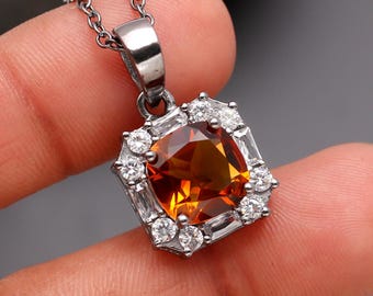 Madeira Citrine Cushion Pendant, 925 Sterling Silver, Handmade Delicate Jewelry