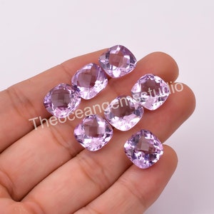 Amatista rosa natural en forma de cojín, talla damero, gema suelta Rosa de Francia para joyería, talla amatista calibrada, tamaño 12 x 12, 8 x 8 mm