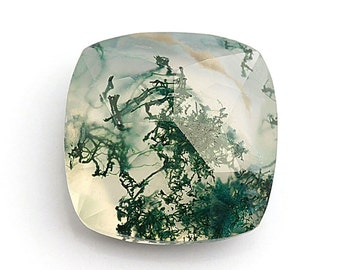 Natural Moss Agate Cushion Gemstone, Brilliant Cut Green Faceted Loose Stone (8X8 mm)