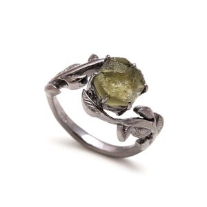 Meteorite Moldavite Raw Hexagon Ring, 925 Sterling Silver Black Oxidized Jewelry, Czech Republic Moldavite, Birthday Gift ,Leaf Design Ring