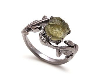 Raw Moldavite Hexagon Ring, Black Oxidized Sterling Silver Leaf Design