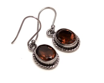 Natural Smoky Quartz Oval Dangle Earrings, Black Oxidized Sterling Silver, Minimalist Brown Stone Jewelry