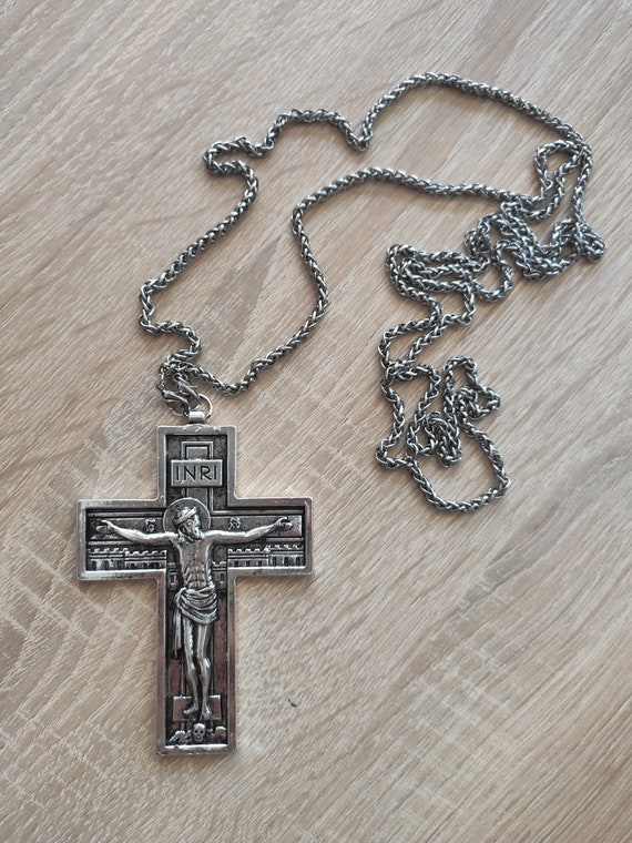 Priest Pectoral Cross Necklace: Crucifix & Virgin Mary, Silver