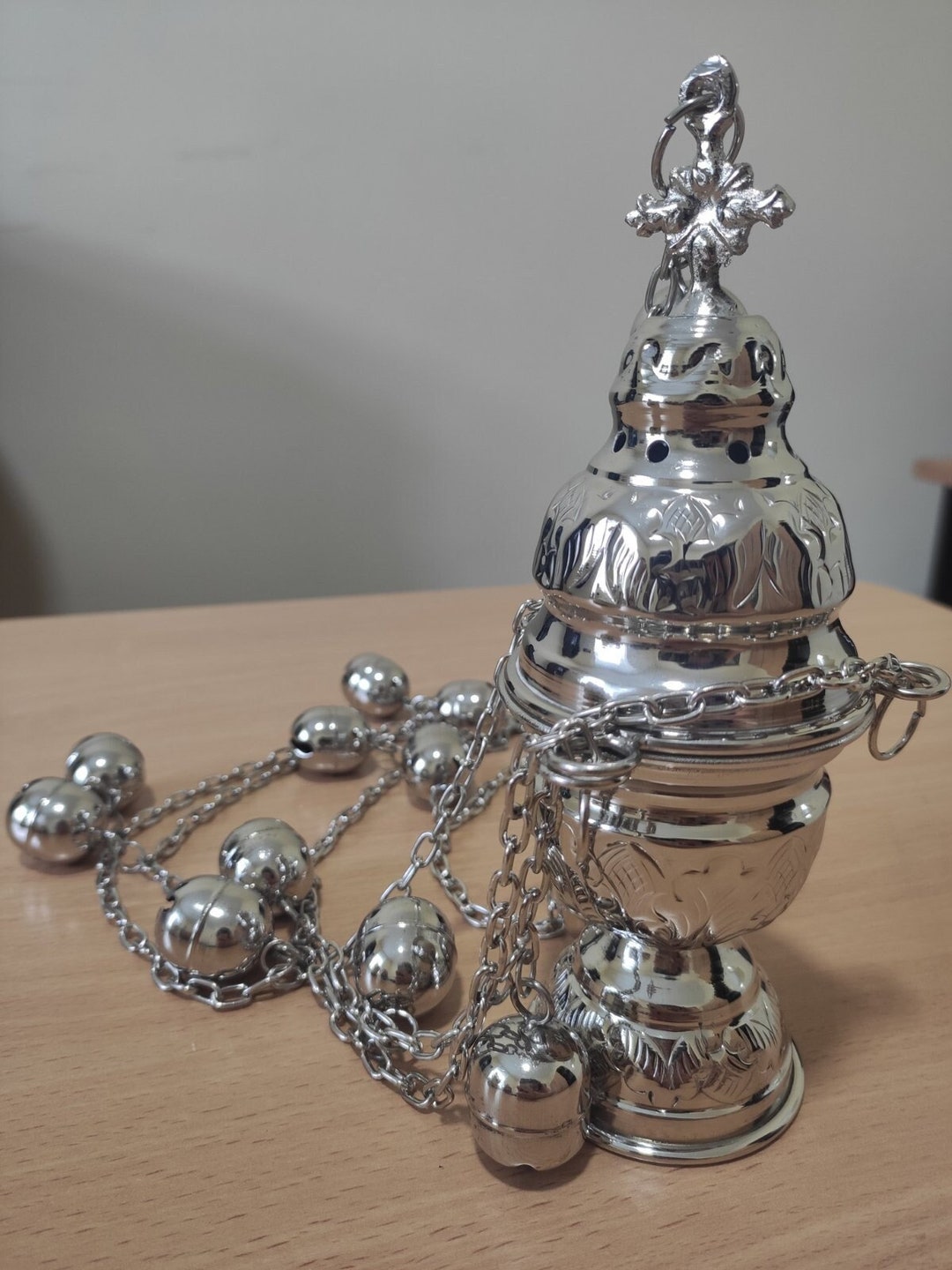 Nickel Silver Church Incense Burner With Chains: Handmade Orthodox Nickel Silver Church Incense Burner With Chains: Handmade Orthodox