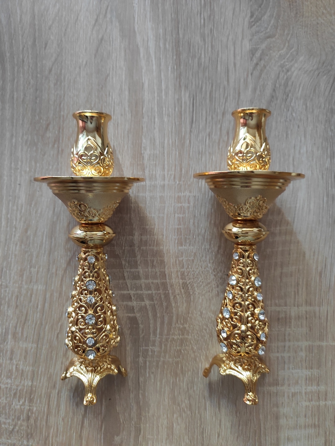 Gold Color Candle Holder 16cm With Stones Brass Candle Etsy
