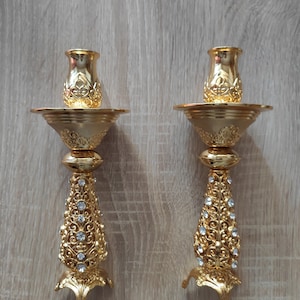 石付きゴールドカラーキャンドルホルダー 16 cm - 真鍮キャンドルホルダー - 教会キャンドルホルダー - 典礼用正教会キャンドルホルダー