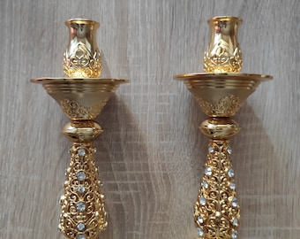 Gold Brass Candle Holder with Stones - Orthodox Church Decor (16cm)
